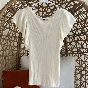 Free People Cream Ribbed Flutter Sleeve Top